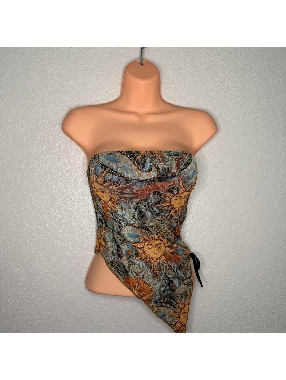 New Multicoloured strapless asymmetrical tube top with sun design